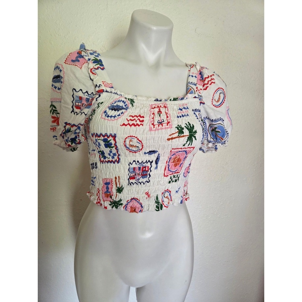 Monteau Los Angeles Smocked Crop Top White Tropical Postcard Print Large